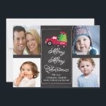 Chalkboard Christmas Tree 4 Photo Greeting Card<br><div class="desc">Popular and trendy christmas holiday photo greeting card for four family photos featuring a cute christmas pick up truck with cute christmas trees and a red bow set on a stylish,  chic & trendy black blackboard chalkboard.  Cute christmas card to showcase your beautiful family that your kids will love!</div>