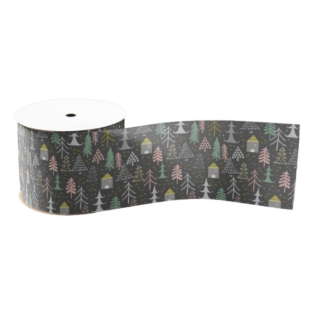 Chalkboard Christmas Trees and Houses Pink Yellow Grosgrain Ribbon (Spool)