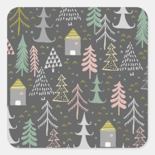 Chalkboard Christmas Trees and Houses Pink Yellow Square Sticker