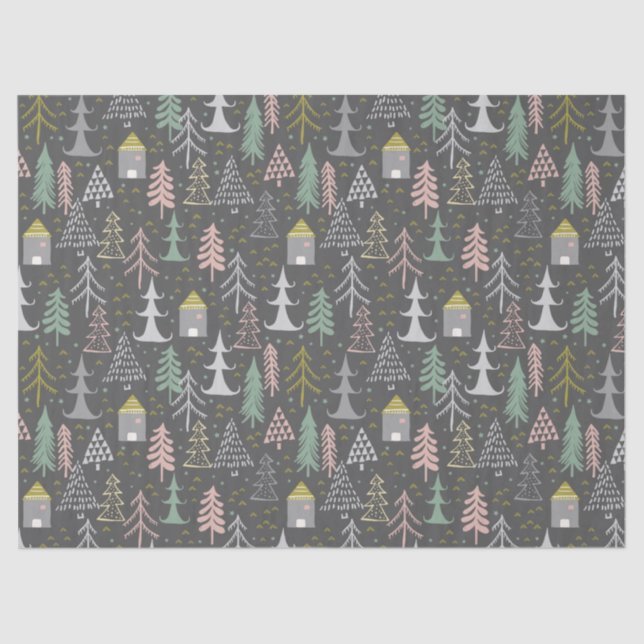 Chalkboard Christmas Trees and Houses Pink Yellow Tissue Paper (Front)