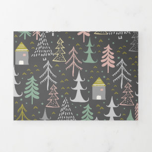 Chalkboard Christmas Trees and Houses Pink Yellow Tri-Fold Holiday Card