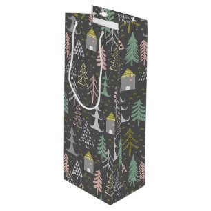 Chalkboard Christmas Trees and Houses Pink Yellow Wine Gift Bag