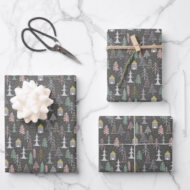 Chalkboard Christmas Trees and Houses Pink Yellow  Wrapping Paper Sheet (Front)