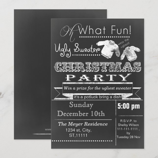Chalkboard Christmas Ugly sweater Party Invitation (Front/Back)