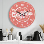 Chalkboard Coffee House Bar Monogram Custom Colour Large Clock<br><div class="desc">Chalkboard Coffee House Bar Monogram Custom Colour Large Clock. Personalized custom name kitchen wall clock in trendy chalkboard style with two custom text areas you can personalize to make this your very own. Click customize further for access to the hand colour picker and choose your own colour! Would look fantastic...</div>