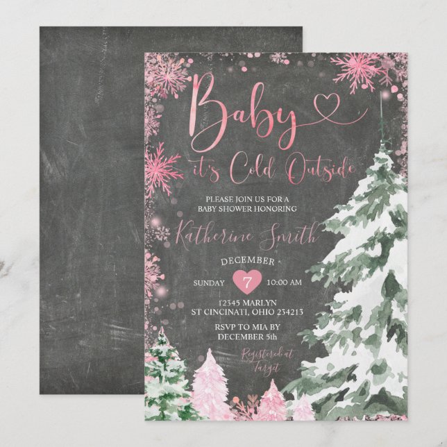 Chalkboard Cold Baby Shower Forest Pink Snowflakes Invitation (Front/Back)