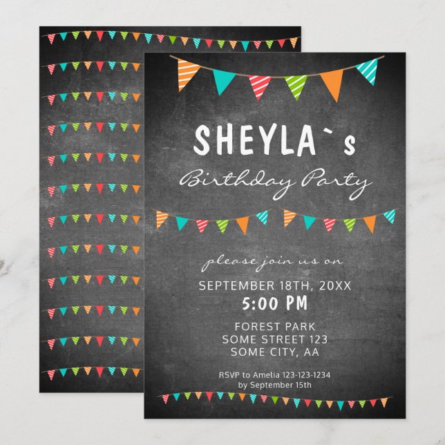 Chalkboard Colourful Bunting Flags Birthday Party Invitation (Front/Back)