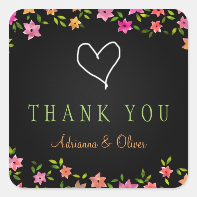 Chalkboard Colourful Flower Wreath Thank You Square Sticker (Front)
