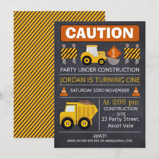 Chalkboard Construction Birthday Invitation (Front/Back)