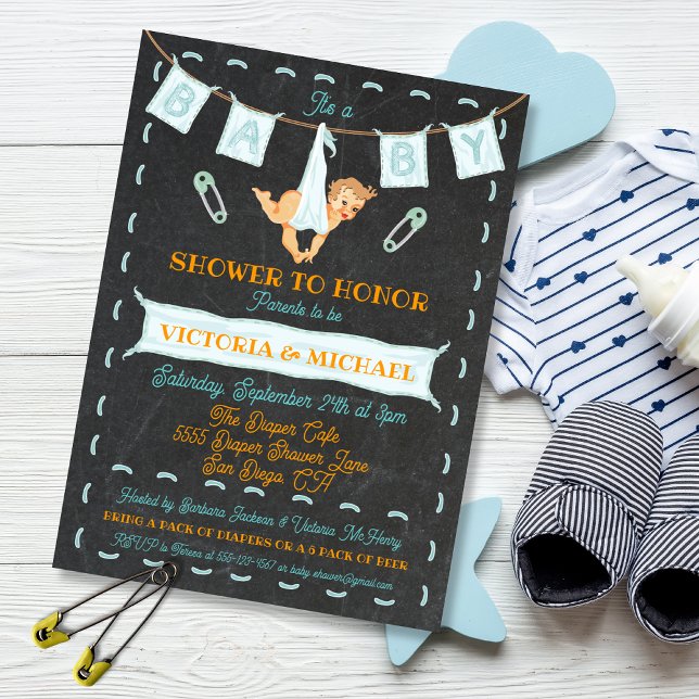 Chalkboard Couples Diaper Baby Shower Clothesline Invitation (Creator Uploaded)