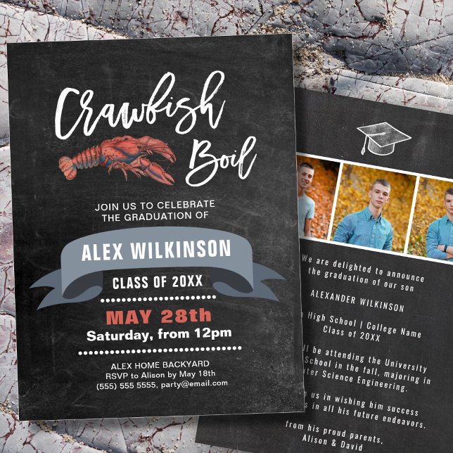 Chalkboard Crawfish Boil 3 Photo Graduation Party Invitation (Creator Uploaded)