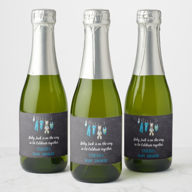 Chalkboard Cute Blue Boy Baby Shower Sparkling Wine Label (Bottles)