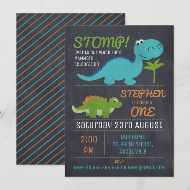 Chalkboard Cute Dinosaures Invitation Anniversaire (Devant / Derrière)
