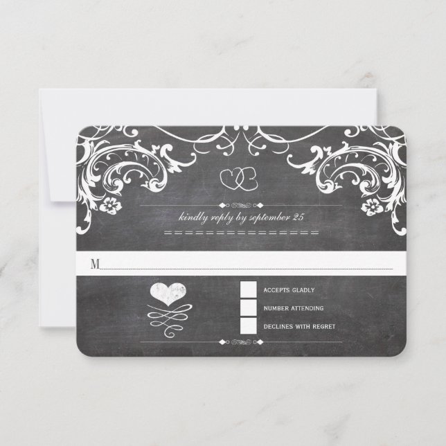 Chalkboard Cute Heart Initials Typography RSVP Card (Front)