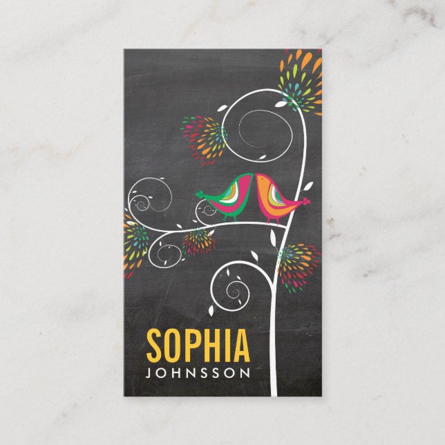 Chalkboard Cute Love Birds Floral Business Design Business Card (Front)