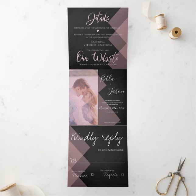 Chalkboard | Cute Pastel Multi Photo Wedding Tri-Fold Invitation (Inside)
