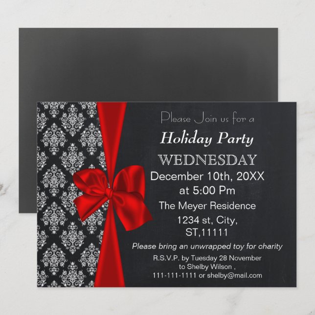 Chalkboard damask red bow Fête Invitation (Devant / Derrière)