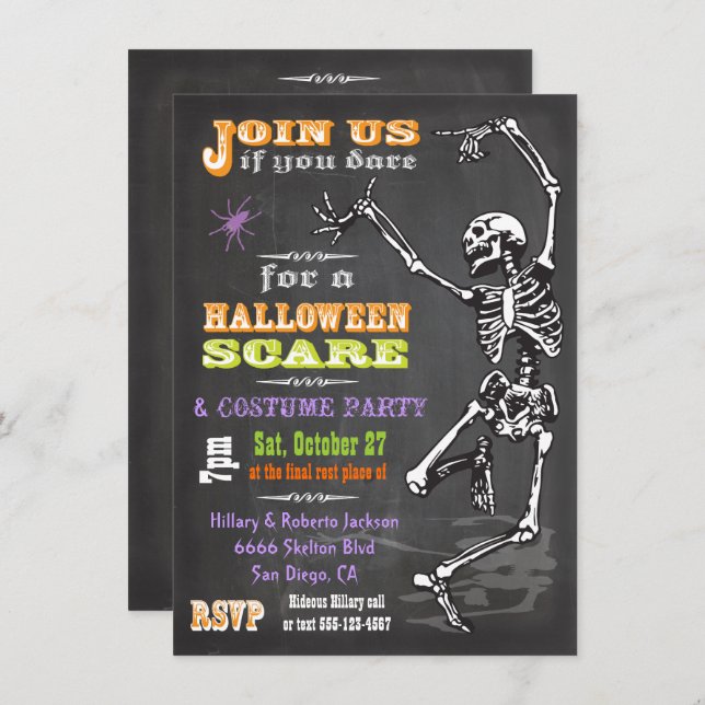 Chalkboard Dancing Skeleton Halloween Invitation (Devant / Derrière)