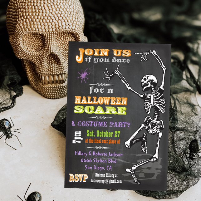 Chalkboard Dancing Skeleton Halloween Party Invite (Creator Uploaded)