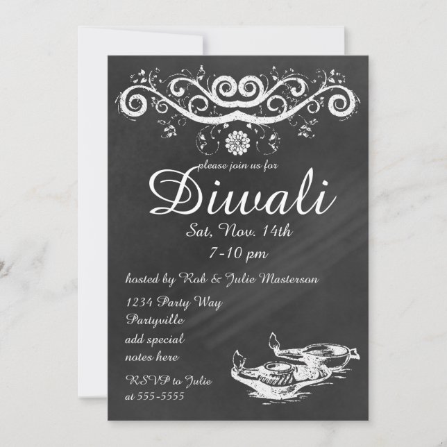 Chalkboard Diwali with Deepas and Lotus Invitation (Front)