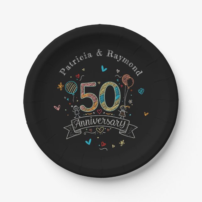 Chalkboard Doodles 50th Anniversary Personalized  Paper Plate (Front)