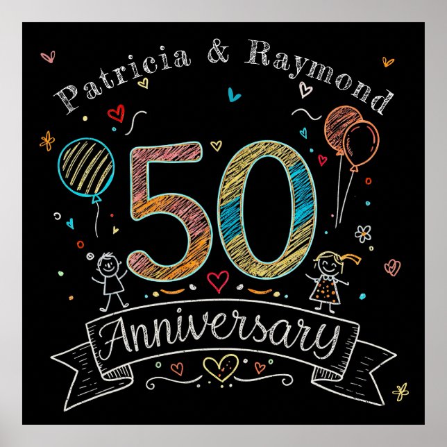 Chalkboard Doodles 50th Anniversary Personalized  Poster (Front)