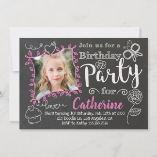 Chalkboard Doodles Girls Birthday Party Invitation