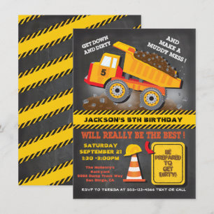 Chalkboard Dump Truck Construction Birthday Party Invitation