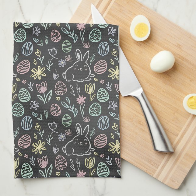 Chalkboard Easter Bunny Doodle Pattern Kitchen Towel (Quarter Fold)