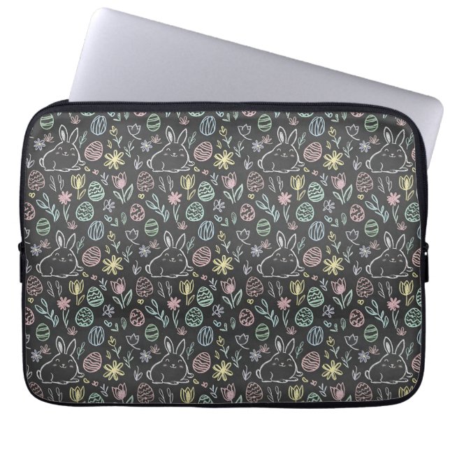 Chalkboard Easter Bunny Doodle Pattern Laptop Sleeve (Front)
