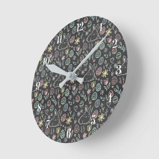 Chalkboard Easter Bunny Doodle Pattern Round Clock (Angle)