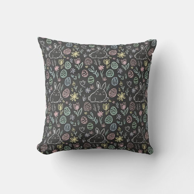 Chalkboard Easter Bunny Doodle Pattern Throw Pillow (Front)