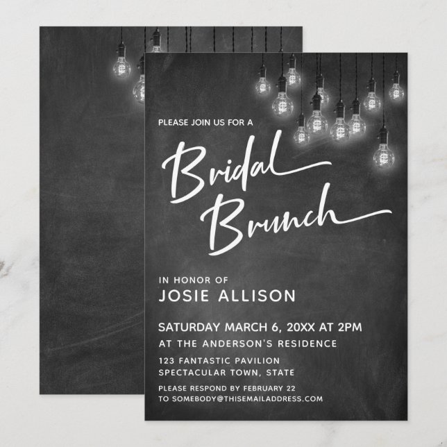 Chalkboard Edison Lights Modern Bridal Brunch Invitation (Front/Back)
