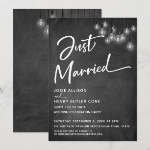 Chalkboard Edison Lights Modern Just Married Invitation