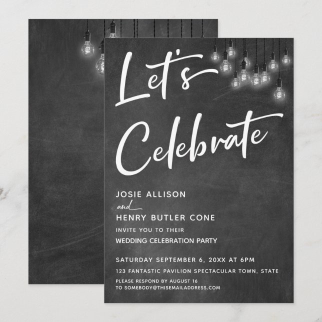 Chalkboard Edison Lights Modern Let's Celebrate Invitation (Front/Back)