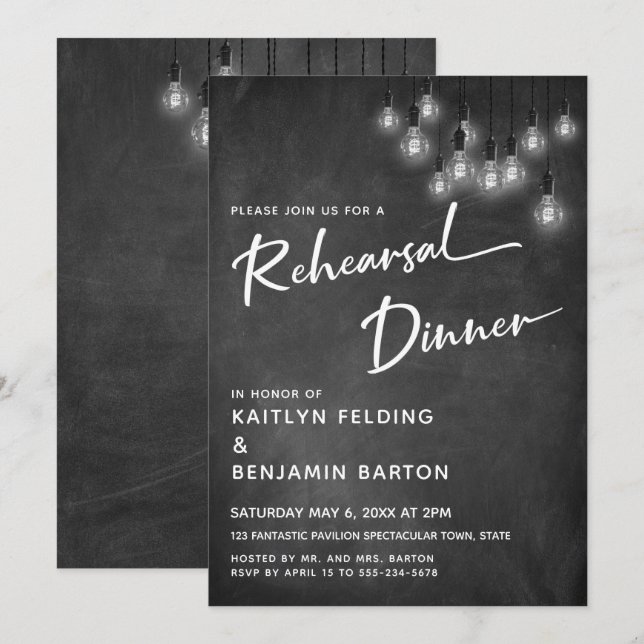 Chalkboard Edison Lights Modern Rehearsal Dinner Invitation (Front/Back)