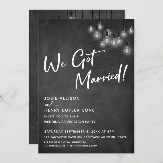 Chalkboard Edison Lights Modern We Got Married Invitation (Front/Back)