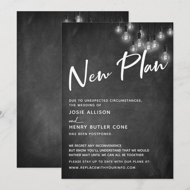 Chalkboard Edison Lights New Plan Delayed Wedding Invitation (Front/Back)