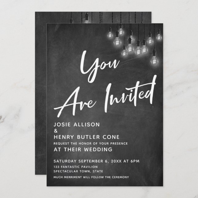 Chalkboard Edison Lights You Are Invited Wedding Invitation (Front/Back)