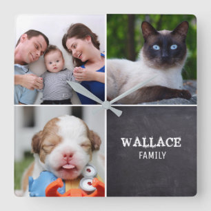 Chalkboard Editable Custom Collage Photos Square Wall Clock