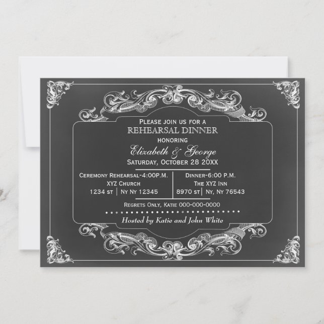 Chalkboard Elegant scroll rehearsal dinner invites (Front)