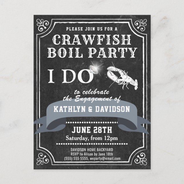 Chalkboard Engagement Photo Crawfish Boil Invite Postcard (Front)