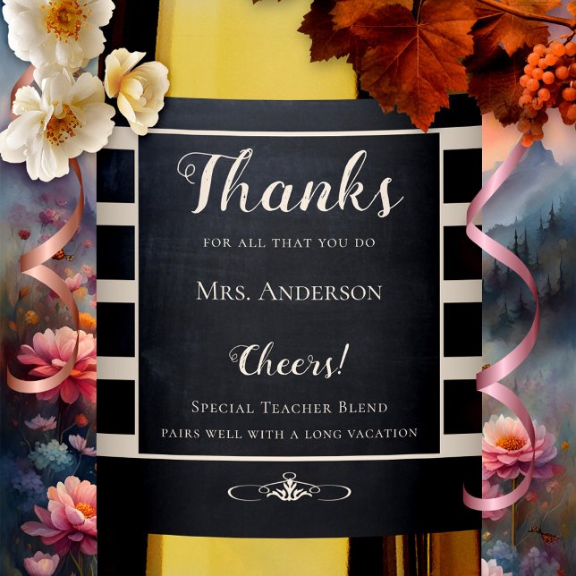 Chalkboard Enseignant Merci Vin Étiquette (Elegant teacher Thank You wine label featuring a chalkboard or blackboard design with stripes)
