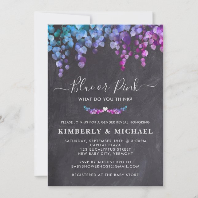Chalkboard Eucalyptus Gender Reveal Blue Pink Baby Invitation (Front)