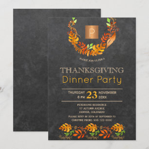 Chalkboard fall wreath monogram thanksgiving party invitation