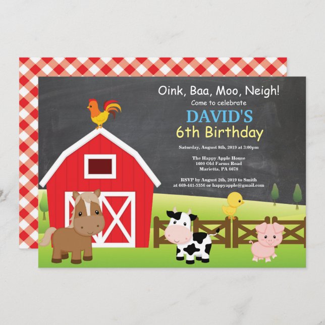 Chalkboard Farm Anniversaire Invitation Barnyard P (Devant / Derrière)