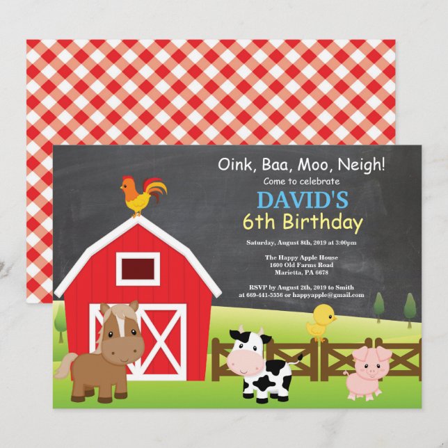 Chalkboard Farm Birthday Invitation Barnyard Party (Front/Back)