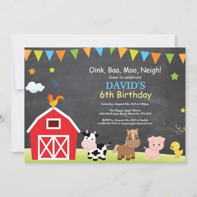 Chalkboard Farm Birthday Invitation Barnyard Party (Front)