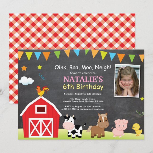 Chalkboard Farm Birthday Invitation Barnyard Party (Front/Back)