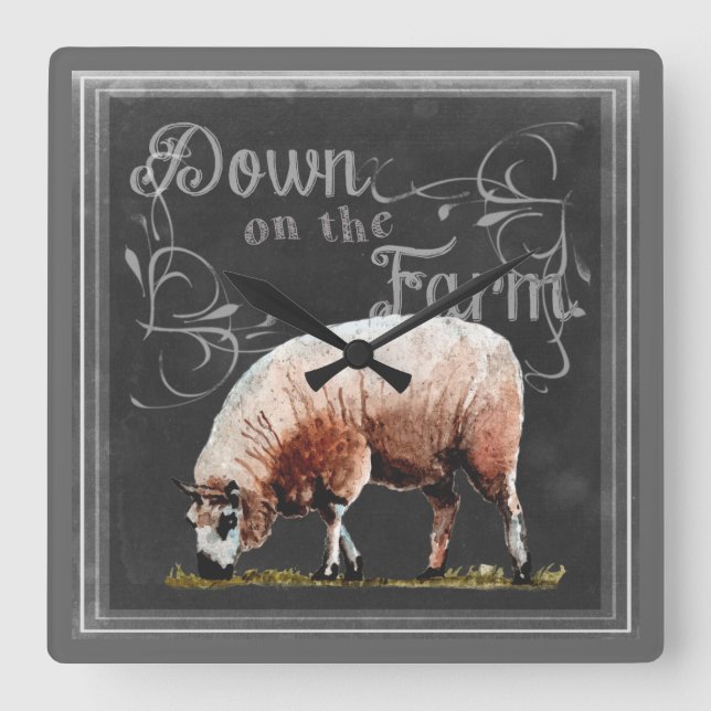 Chalkboard Farm | Down on the Farm Sheep Square Wall Clock (Front)
